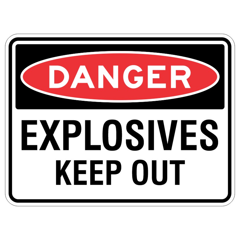 "Imagine a shiny sign made of a strong metal called aluminum, that has a special coating to protect it from the sun's rays. The sign has a warning that says 'DANGER - Explosive Keep Out' to keep everyone safe and away from a dangerous area."