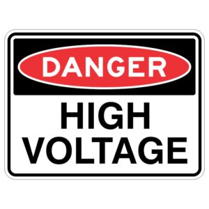 Imagine a shiny metal sign that has been covered with special protective coating to keep it looking nice and safe. On this sign, there are big, bold words that say "DANGER - High Voltage." It's like a warning to be very careful around something that has a lot of electricity running through it.