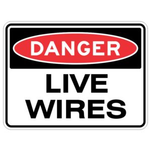 Okay kiddo, imagine a shiny metal sign that has a special layer on top that helps protect it from the sun. On that sign are the words "DANGER - Live Wires" to let you know to be careful around electrical wires that could hurt you if you touch them.