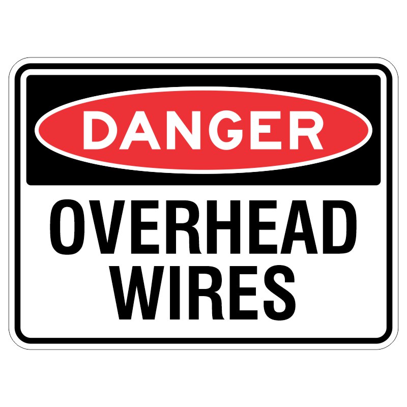 Imagine a shiny metal sign that has been coated with a special clear layer to protect it from the sun. On the sign, there are words that say "WARNING - High Wires above." This sign is to tell you to be careful because there are dangerous wires up high that you need to watch out for.