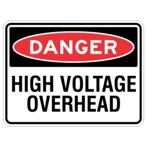 Imagine a fancy shiny sign made of aluminum with a clear covering on top to protect it from the sun. It has big letters that say "WARNING - DON'T TOUCH!" because there is a lot of electricity in the air above.