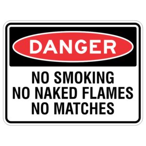 Imagine a shiny silver sign with bright colors that say "No Smoking, No Naked Flames, No Matches." It's like a special sticker that reminds us to be really careful around fire because it can be dangerous.
