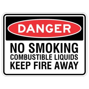 A shiny sign that says "STOP - No Fire Near the Liquid!" made to keep us safe from dangerous things.