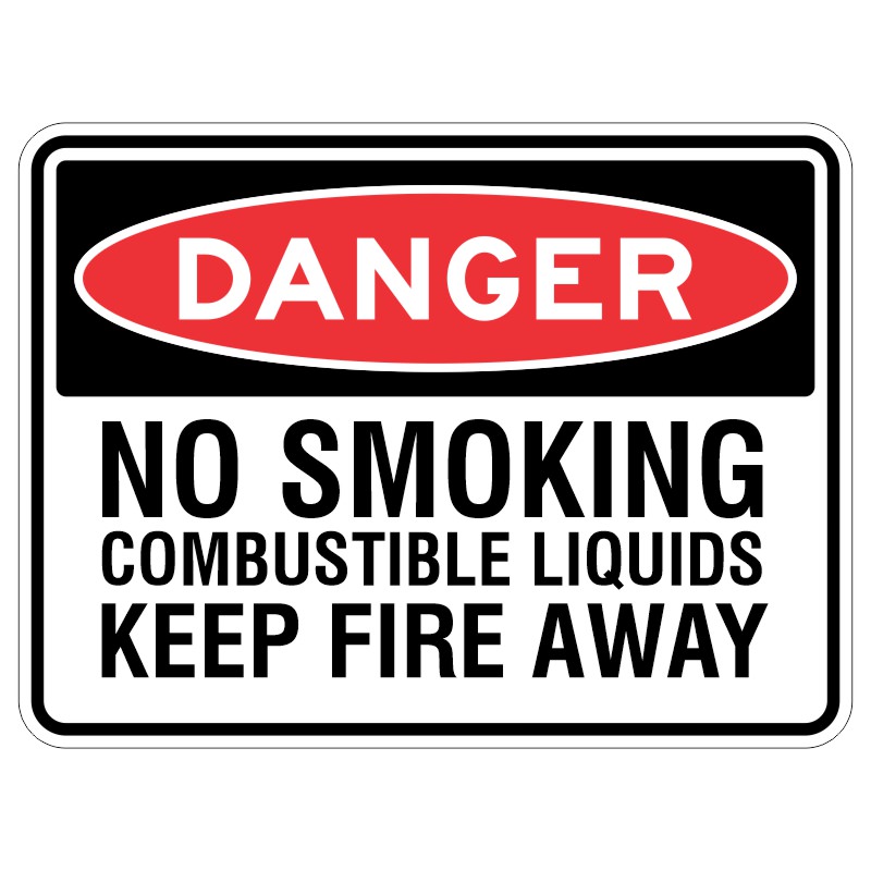 A shiny sign that says "STOP - No Fire Near the Liquid!" made to keep us safe from dangerous things.