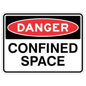 Basically, this sign is made of strong metal with a special coating to protect it from the sun. It says "DANGER - Confined Space" to warn people to be careful. It's made to last a long time and be easy to see so everyone stays safe.