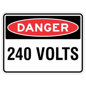 This sign is like a super important warning that says "Be careful!" because it has 240 volts of electricity, which is very powerful and can hurt you. The sign is made of aluminum, which is a strong material, and it has UV lamination to protect it from getting damaged by the sun. So, it's like a special shield that tells you to stay far away from danger!