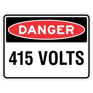 This sign is very important because it tells us that there is electricity of 415 volts inside that is dangerous. It is made of aluminum and has a special UV lamination to keep it safe. So, we need to be very careful around it to stay safe.