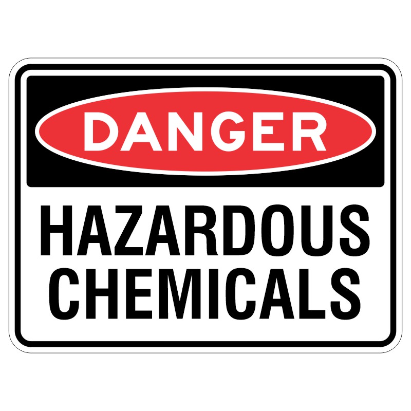 Imagine a big shiny, strong sign that is coated with a special protector. It has a bright red background and big letters that say "DANGER - Hazardous Chemicals" to warn you to be careful.