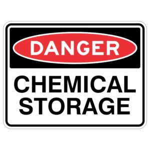 This sign is like a super sturdy sticker that is coated with special stuff to protect it from the sun. It says "WARNING - there are dangerous chemicals stored here."