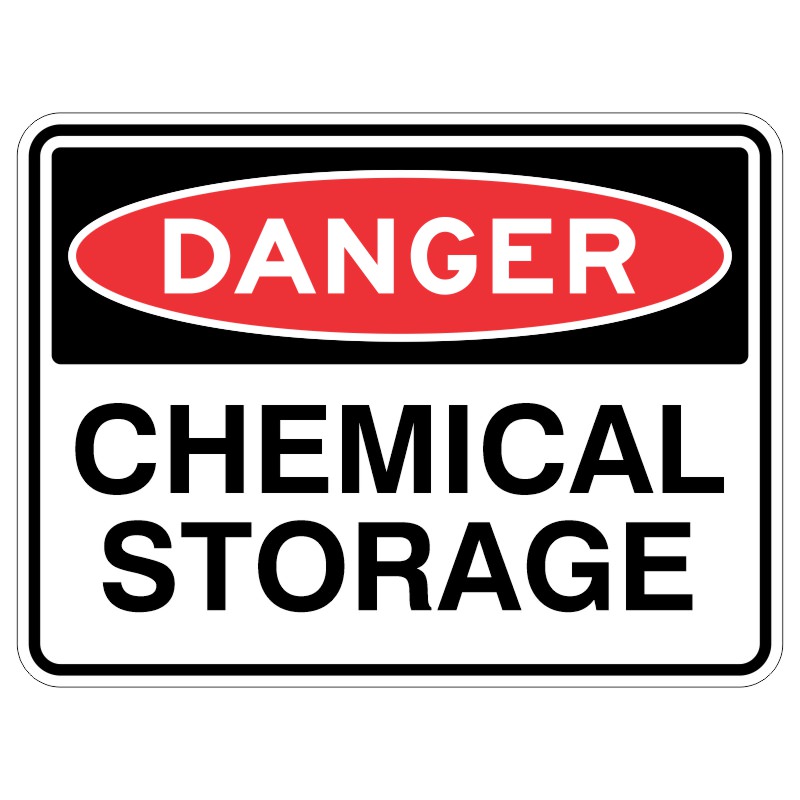 This sign is like a super sturdy sticker that is coated with special stuff to protect it from the sun. It says "WARNING - there are dangerous chemicals stored here."