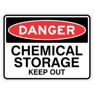 It's like a shiny metal sign that has a special cover to protect it from the sun's rays. It says "DANGER - Chemical Storage Keep Out" to tell people to stay away because it could be harmful.