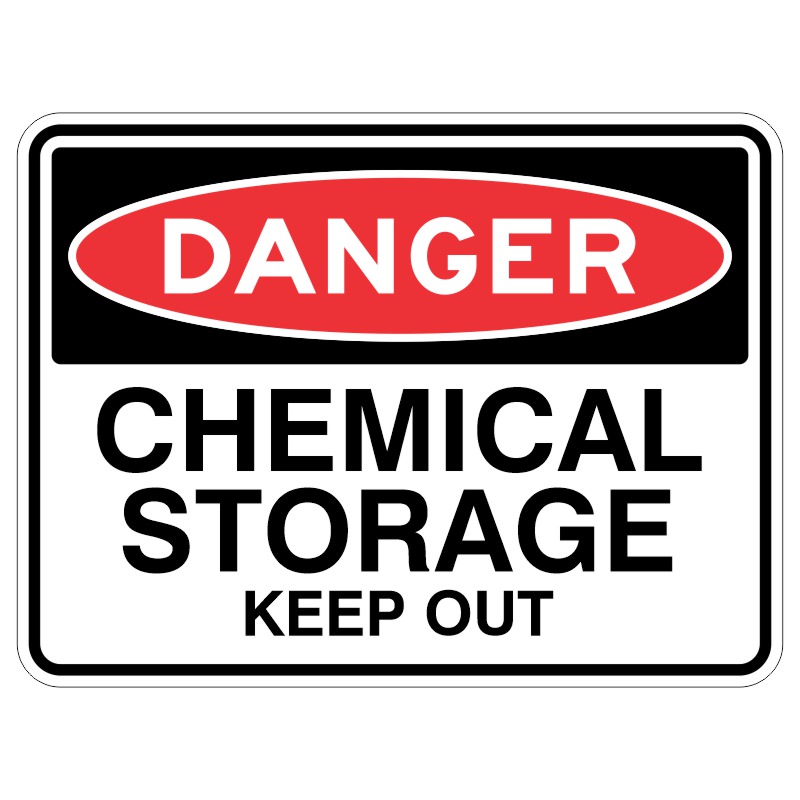 It's like a shiny metal sign that has a special cover to protect it from the sun's rays. It says "DANGER - Chemical Storage Keep Out" to tell people to stay away because it could be harmful.