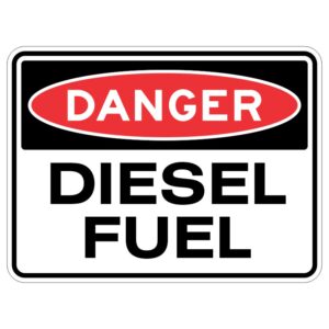 Imagine a special shiny sign made of strong metal that has a picture of a strong and scary word saying "DANGER - Diesel Fuel". It's like a superhero warning you to stay away from something very dangerous. So remember, when you see this sign, you should be very careful and keep safe!