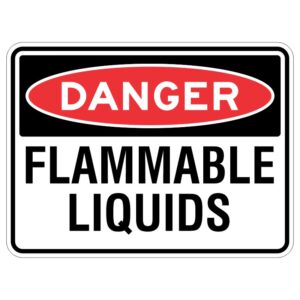 Imagine a shiny sign that is covered in a special coating to protect it from the sun. It has a picture of fire and some words that say "be careful - this liquid can catch on fire easily".