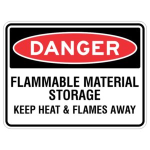 Imagine a shiny metal sign that has been protected by a special coating to keep it safe from the sun. The sign has important words on it that say, "Be careful! Don't put anything hot or with fire near these things that can catch on fire easily."