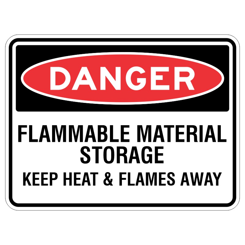 Imagine a shiny metal sign that has been protected by a special coating to keep it safe from the sun. The sign has important words on it that say, "Be careful! Don't put anything hot or with fire near these things that can catch on fire easily."