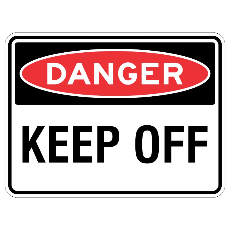 Imagine a shiny metal safety sign that is covered with a special protective layer to keep it looking like new. This sign has a very important message that says "Danger - Keep Off" to keep everyone safe.