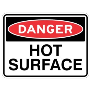 Imagine a shiny metal sign that is covered in a special protective layer to keep it looking nice. And on that sign there are big letters that say "WARNING - Be careful, the surface is very hot and can hurt you!"