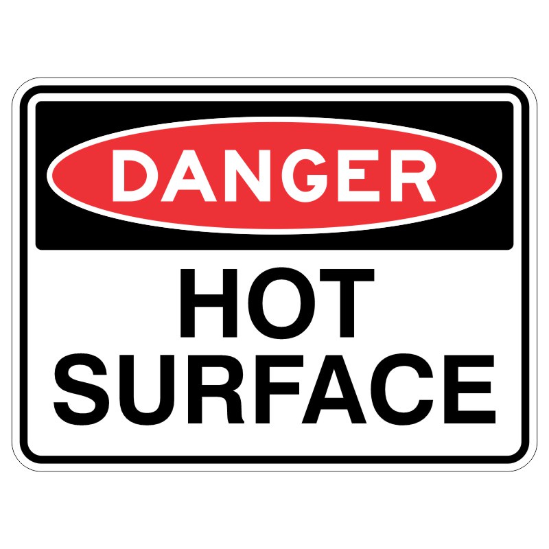 Imagine a shiny metal sign that is covered in a special protective layer to keep it looking nice. And on that sign there are big letters that say "WARNING - Be careful, the surface is very hot and can hurt you!"