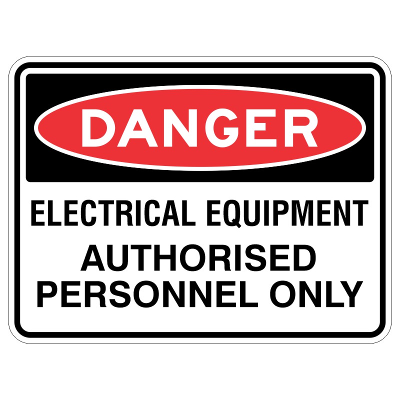 So basically, this sign is like a special sticker made of a strong material called aluminum. It has a special coating that helps protect it from the sun. The sign says "DANGER - Electrical Equipment Authorised Personnel Only," which means only certain people are allowed near that area because it can be dangerous. So you should always pay attention to signs like this to stay safe!