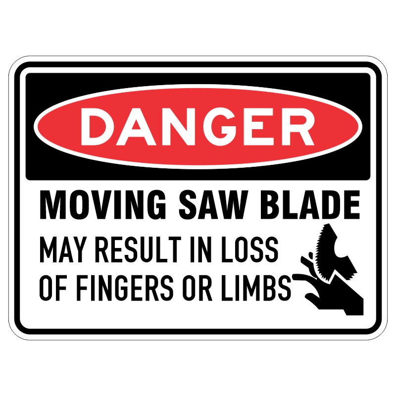 Imagine a shiny metal sign that has been specially protected from the sun's rays. It has a very important message written on it in big letters that say "WARNING - A spinning saw blade could hurt your fingers or arms!"