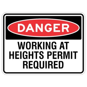 "Okay, so imagine a shiny metal sign that is covered with a special protective layer to keep it safe from the sun. It has a big word that says DANGER and underneath it says you need to have a special permission to work really high up in the air."
