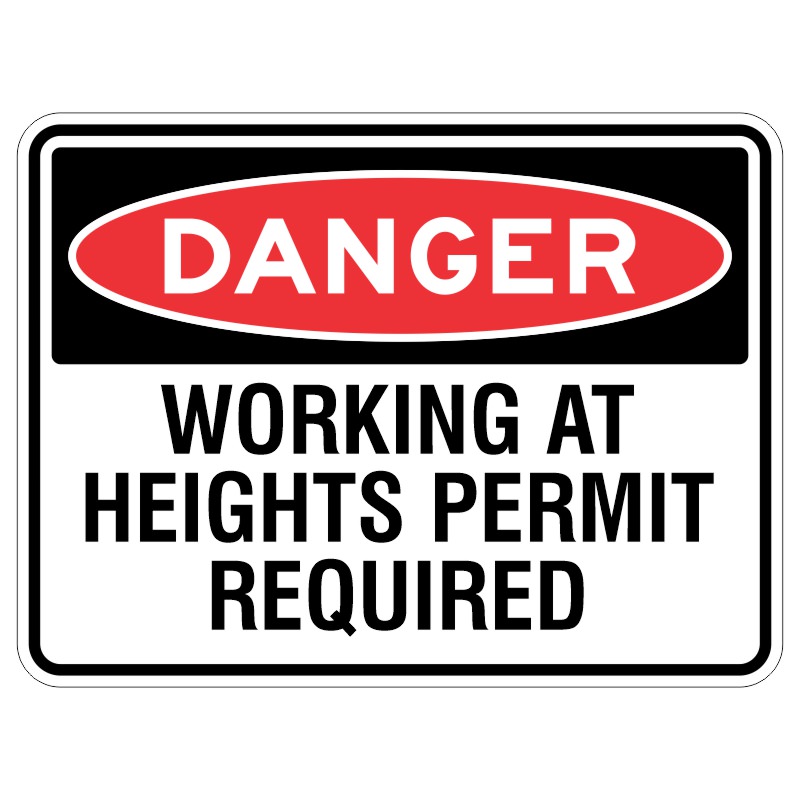 "Okay, so imagine a shiny metal sign that is covered with a special protective layer to keep it safe from the sun. It has a big word that says DANGER and underneath it says you need to have a special permission to work really high up in the air."