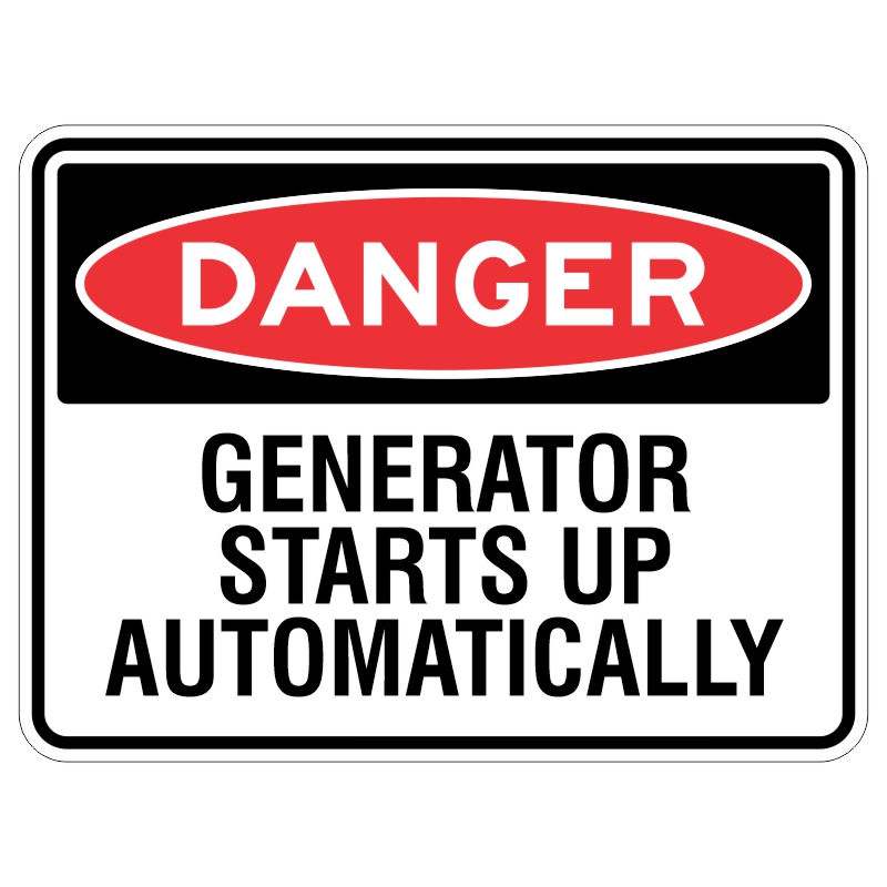 Imagine a shiny, strong sign made of a special material that protects it from getting scratched or damaged by sunlight. On this sign, there are big, bold letters that say "WARNING - The Generator Turns On by Itself".