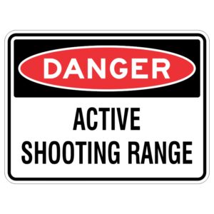 Imagine a shiny sign made of strong metal that's covered in a clear protective layer. It has big letters that say "WARNING - There could be someone shooting guns nearby."
