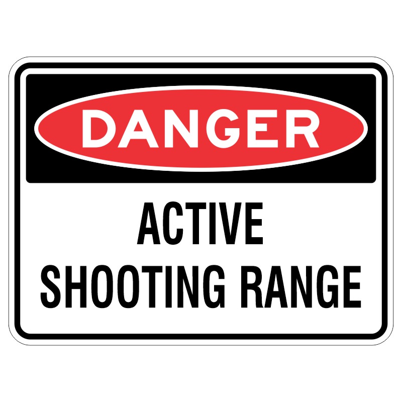 Imagine a shiny sign made of strong metal that's covered in a clear protective layer. It has big letters that say "WARNING - There could be someone shooting guns nearby."
