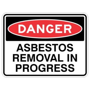 This sign is made of a special material called aluminum and has a shiny layer to protect it from the sun's rays. It has important words that say "Warning - People are taking away dangerous stuff called asbestos." So, we should be careful and stay away from that area!