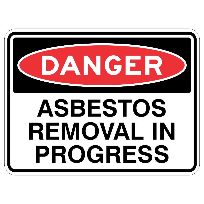 This sign is made of a special material called aluminum and has a shiny layer to protect it from the sun's rays. It has important words that say "Warning - People are taking away dangerous stuff called asbestos." So, we should be careful and stay away from that area!