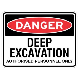 This sign is like a superhero cape for construction workers. It's made of a strong material called aluminum and has a special coating to protect it from the sun. It has important words on it that say "DANGER - Deep Excavation Authorised Personnel Only" to remind everyone to be really careful around big holes in the ground. It's like a big warning to keep everyone safe.