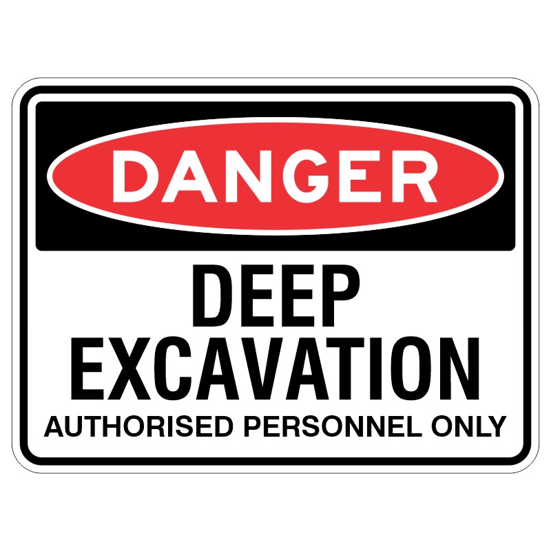 This sign is like a superhero cape for construction workers. It's made of a strong material called aluminum and has a special coating to protect it from the sun. It has important words on it that say "DANGER - Deep Excavation Authorised Personnel Only" to remind everyone to be really careful around big holes in the ground. It's like a big warning to keep everyone safe.