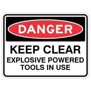 This shiny silver sign helps us stay safe by telling us to be careful around tools that can make things explode!