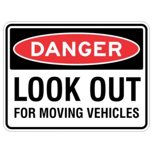 This sign is like a superhero cape that helps keep us safe. It's made of strong aluminum so it won't break easily. And it has a special UV coating to protect it from the sun. The words on it tell us to be careful and watch out for cars and trucks that are moving. So when we see this sign, we know to be extra careful and stay safe.