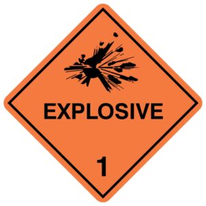 A diamond-shaped hazard sign with an orange background, featuring a black explosion symbol above the word 'EXPLOSIVE' and the number '1'. This sign denotes Class 1 dangerous goods according to the Australian Dangerous Goods Code, indicating substances and articles with an explosion hazard that require stringent safety measures for handling, storage, and transport to prevent catastrophic incidents.