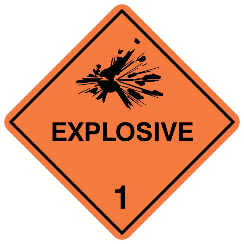 A diamond-shaped hazard sign with an orange background, featuring a black explosion symbol above the word 'EXPLOSIVE' and the number '1'. This sign denotes Class 1 dangerous goods according to the Australian Dangerous Goods Code, indicating substances and articles with an explosion hazard that require stringent safety measures for handling, storage, and transport to prevent catastrophic incidents.