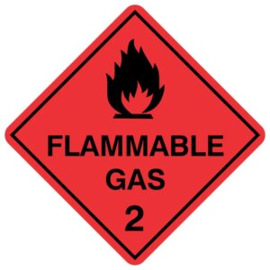 A diamond-shaped hazard sign with a red background, displaying a black flame symbol above the text 'FLAMMABLE GAS' and the number '2'. This sign indicates Class 2.1 dangerous goods according to the Australian Dangerous Goods Code, representing flammable gases that can ignite easily and pose fire and explosion risks, requiring careful handling and storage away from ignition sources.