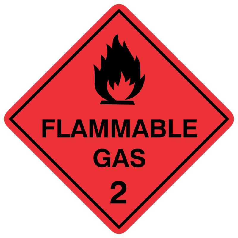 A diamond-shaped hazard sign with a red background, displaying a black flame symbol above the text 'FLAMMABLE GAS' and the number '2'. This sign indicates Class 2.1 dangerous goods according to the Australian Dangerous Goods Code, representing flammable gases that can ignite easily and pose fire and explosion risks, requiring careful handling and storage away from ignition sources.