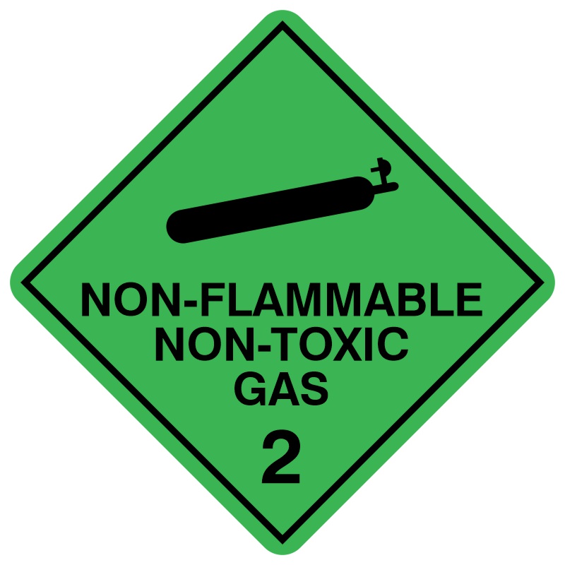 A diamond-shaped hazard sign with a green background, featuring a black cylinder symbol above the text 'NON-FLAMMABLE NON-TOXIC GAS' and the number '2'. This sign denotes Class 2.2 dangerous goods according to the Australian Dangerous Goods Code, indicating gases that are not flammable or toxic but may pose risks such as asphyxiation or high-pressure hazards, requiring careful storage and handling.
