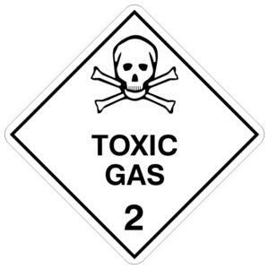 A diamond-shaped hazard sign with a white background, featuring a skull and crossbones symbol above the text 'TOXIC GAS' and the number '2'. This sign indicates Class 2.3 dangerous goods according to the Australian Dangerous Goods Code, representing gases that are highly toxic and pose severe health risks upon exposure, necessitating strict safety protocols for handling and storage.