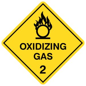 A diamond-shaped hazard sign with a yellow background, featuring a black flame over a circle symbol above the text 'OXIDIZING GAS' and the number '2'. This sign indicates Class 2 oxidizing gases under the Australian Dangerous Goods Code, which can support and intensify combustion, requiring careful handling and storage away from flammable materials to prevent fire and explosion risks.