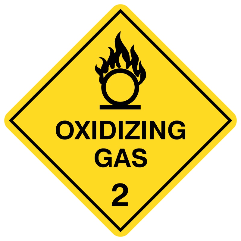 A diamond-shaped hazard sign with a yellow background, featuring a black flame over a circle symbol above the text 'OXIDIZING GAS' and the number '2'. This sign indicates Class 2 oxidizing gases under the Australian Dangerous Goods Code, which can support and intensify combustion, requiring careful handling and storage away from flammable materials to prevent fire and explosion risks.