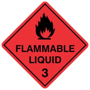 A diamond-shaped hazard sign with a red background, featuring a black flame symbol above the text 'FLAMMABLE LIQUID' and the number '3'. This sign indicates Class 3 dangerous goods under the Australian Dangerous Goods Code, representing liquids that can emit flammable vapours and pose fire and explosion risks, necessitating careful storage and handling to prevent accidents.