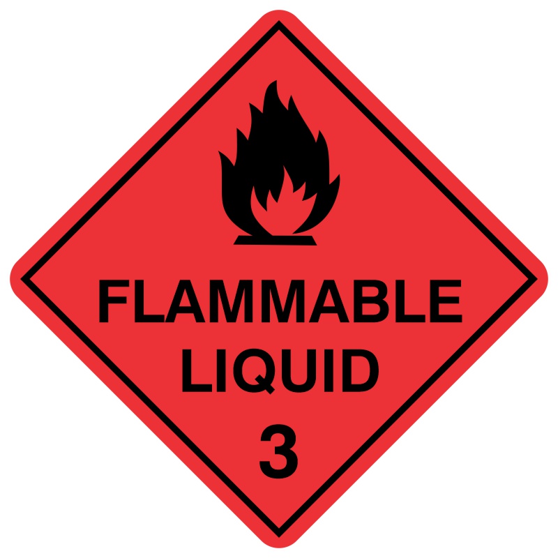 A diamond-shaped hazard sign with a red background, featuring a black flame symbol above the text 'FLAMMABLE LIQUID' and the number '3'. This sign indicates Class 3 dangerous goods under the Australian Dangerous Goods Code, representing liquids that can emit flammable vapours and pose fire and explosion risks, necessitating careful storage and handling to prevent accidents.