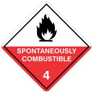A diamond-shaped hazard sign with a white upper half and a red lower half, displaying a flame symbol and the text 'SPONTANEOUSLY COMBUSTIBLE' along with the number '4'. This sign indicates Class 4, Division 4.2 dangerous goods under the Australian Dangerous Goods Code, warning of materials that can spontaneously ignite in contact with air, requiring strict controls on storage and handling to prevent fires and explosions.