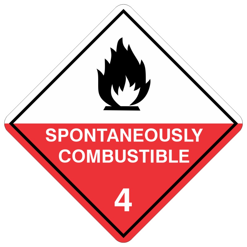 A diamond-shaped hazard sign with a white upper half and a red lower half, displaying a flame symbol and the text 'SPONTANEOUSLY COMBUSTIBLE' along with the number '4'. This sign indicates Class 4, Division 4.2 dangerous goods under the Australian Dangerous Goods Code, warning of materials that can spontaneously ignite in contact with air, requiring strict controls on storage and handling to prevent fires and explosions.