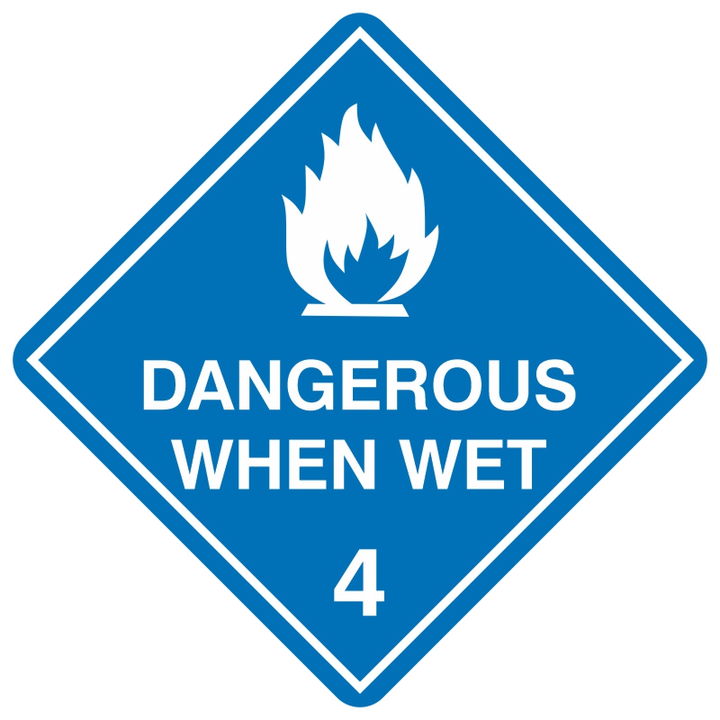 A diamond-shaped hazard sign with a blue background, displaying a flame symbol and the text 'DANGEROUS WHEN WET' along with the number '4'. This sign indicates Class 4, Division 4.3 dangerous goods according to the Australian Dangerous Goods Code, warning of materials that can become flammable or release toxic gases when exposed to water, requiring careful storage and handling to prevent dangerous reactions.