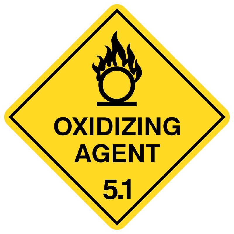 A diamond-shaped hazard sign with a yellow background, featuring a symbol of a flame over a circle, indicating 'OXIDIZING AGENT' and the number '5.1'. This sign denotes Class 5.1 dangerous goods under the Australian Dangerous Goods Code, representing oxidizing substances that can contribute to the combustion of other materials, necessitating careful handling and storage to prevent fire or explosion.